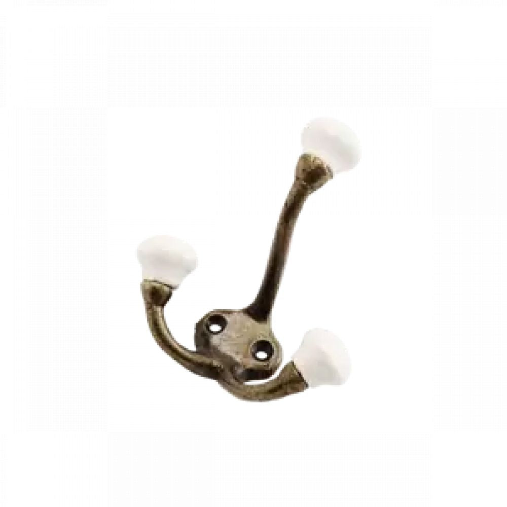 Patère murale – Fer finition laiton & porcelaine blanche (3 crochets)